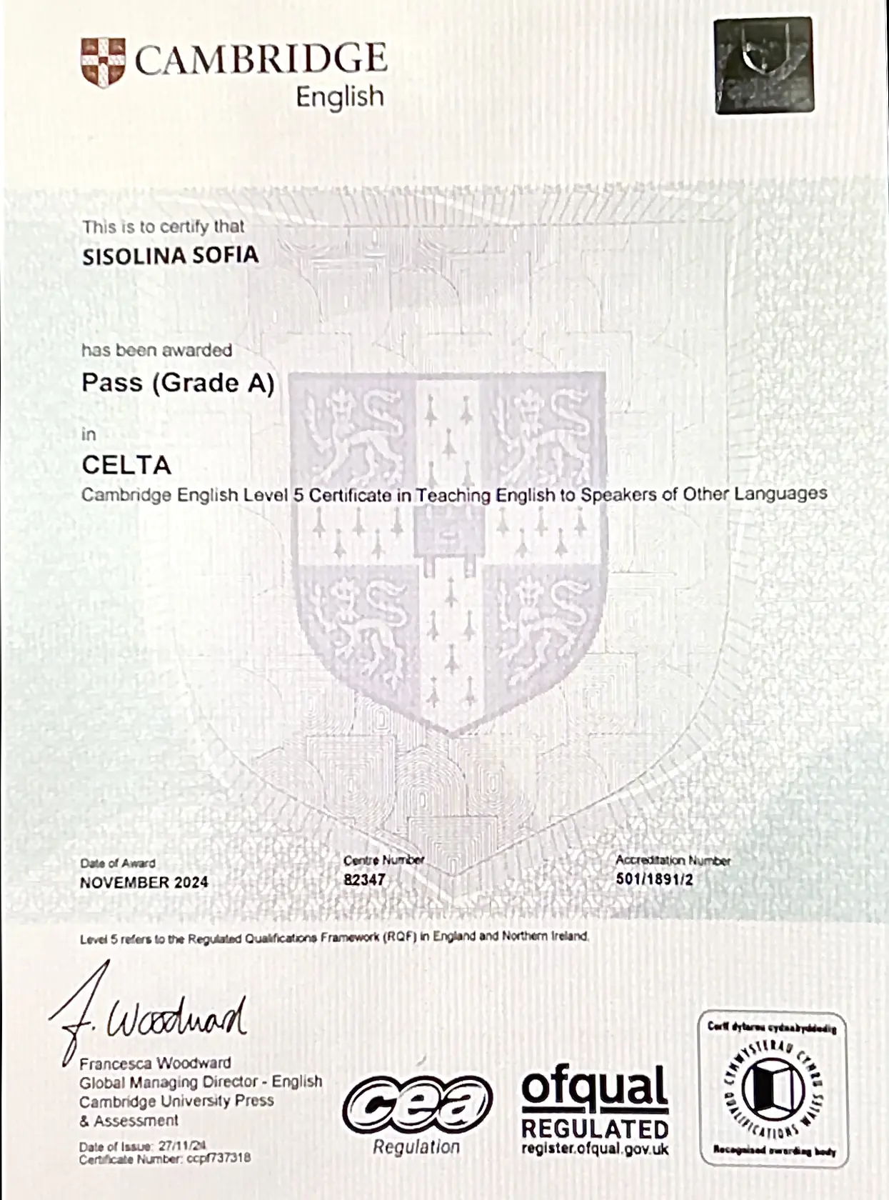 Международный сертификат Cambridge CELTA.